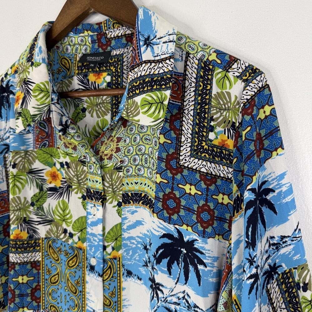 Artsy Tropical Jones New York Top 2X Plus Palm Leaf Roll Tab Sleeve Blouse